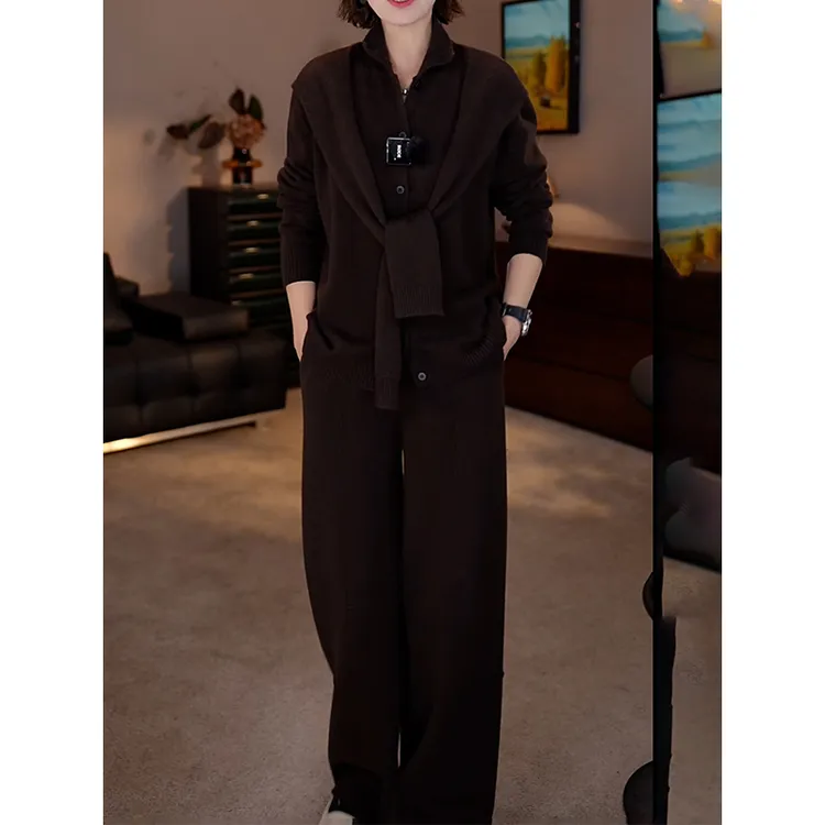 洋气减龄纯色针织裤套装2026春新高档绑带polo领毛衣休闲裤两件套