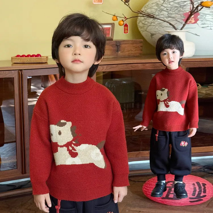 男童圆领毛衣红色新年装2025冬季儿童卡通毛线衣节日拜年服8257