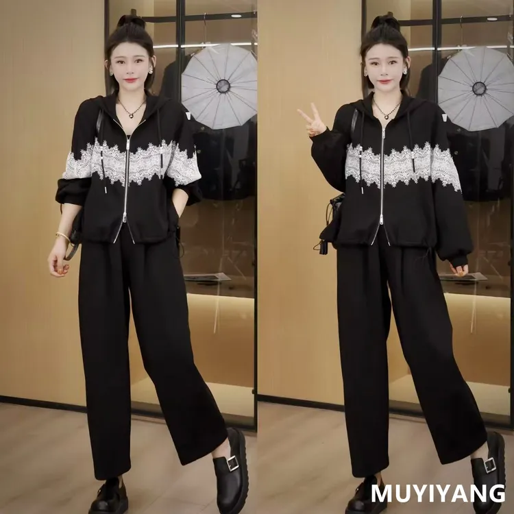 【若汐】独特超好看连帽拼接蕾丝高定两件套装 衣长58 25-390#