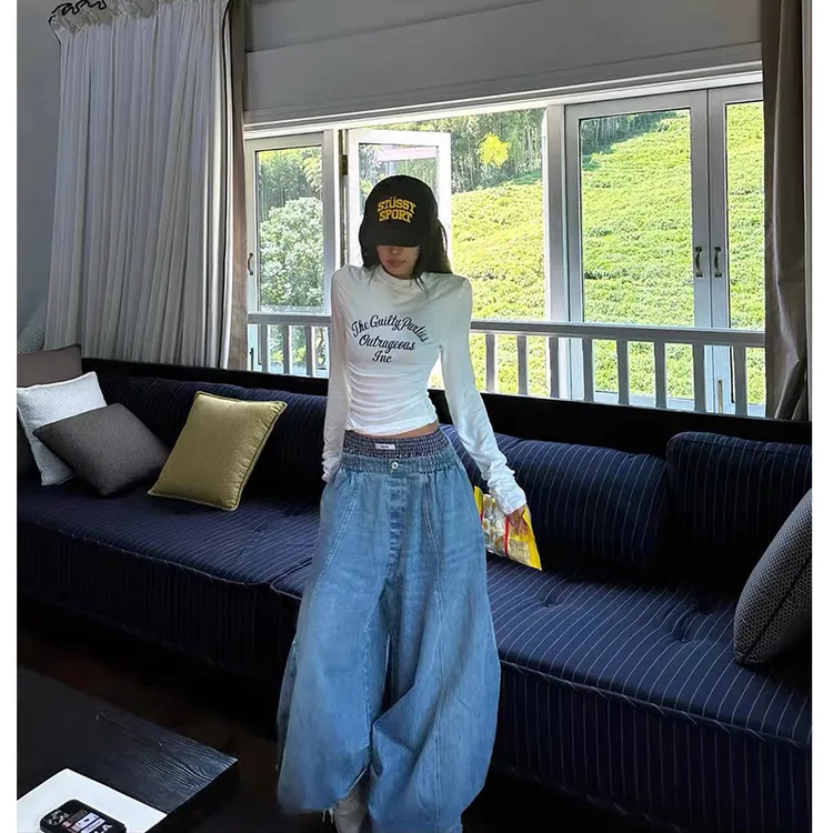 TWOMILLION印花T恤女秋修身打底衫长袖上衣/双腰头牛仔裤女阔腿裤