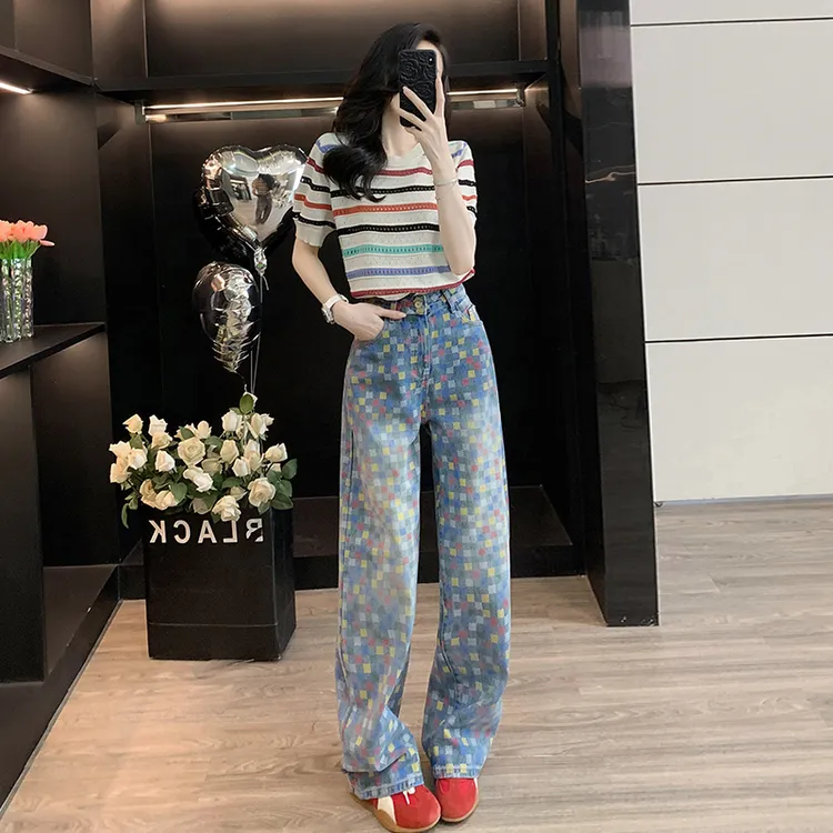 休闲套装女装2025新款爆款显瘦条纹针织减龄上衣小方块印花牛仔裤