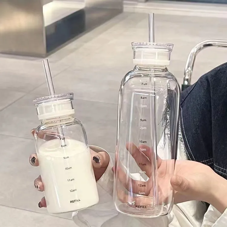 【新疆西藏包邮】450ml/750ml高颜值一杯双盖吸管杯高硼硅玻璃杯