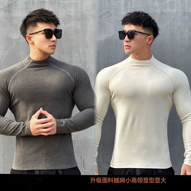 秋冬德绒保暖运动修身半高领长袖打底T恤男健身显大弹力透气衣服