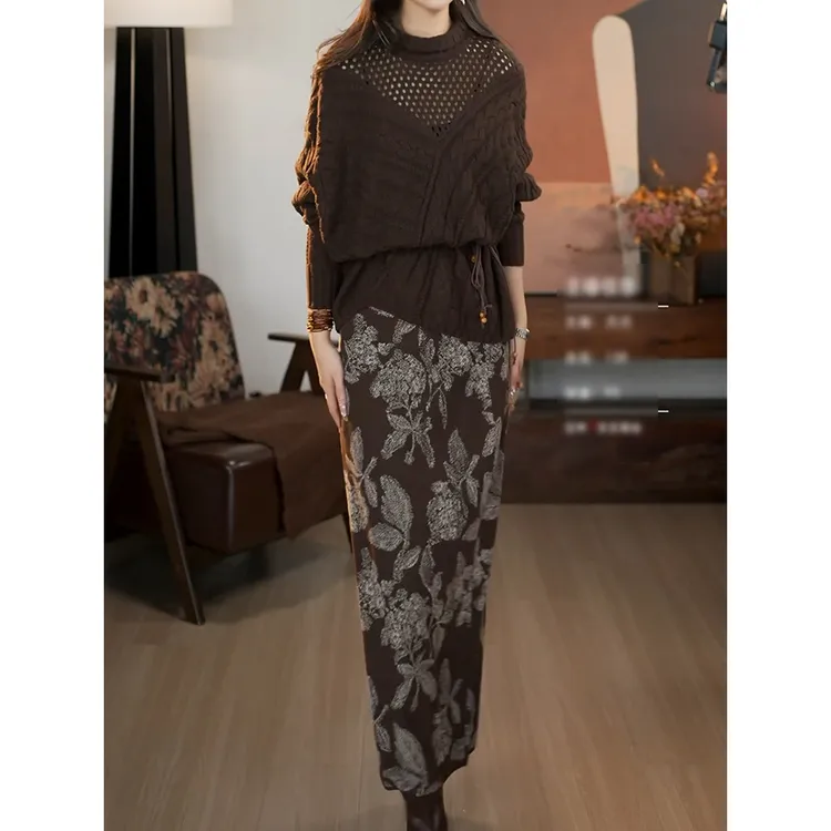 知性优雅文艺风穿搭套装女2026春新高端洋气质镂空针织衫印花半裙