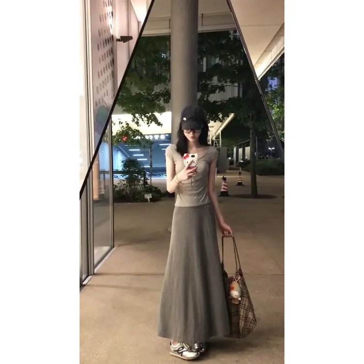 时尚洋气休闲服温柔风系带U领短袖T恤夏季甜辣妹高腰显瘦半身裙