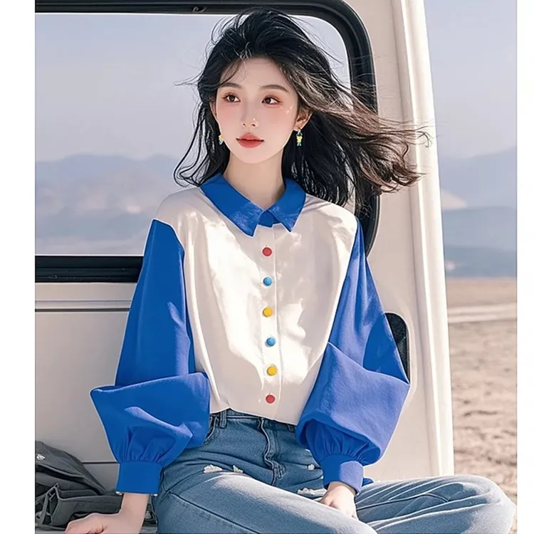 今年流行爆款超好看春季漂亮洋气设计感蓝色撞色拼接灯笼袖衬衫女