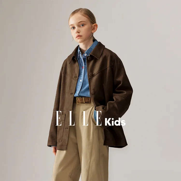 ELLE KIDS童装 复古焦茶棕女儿童秋季新款仿麂皮宽松外套Q1