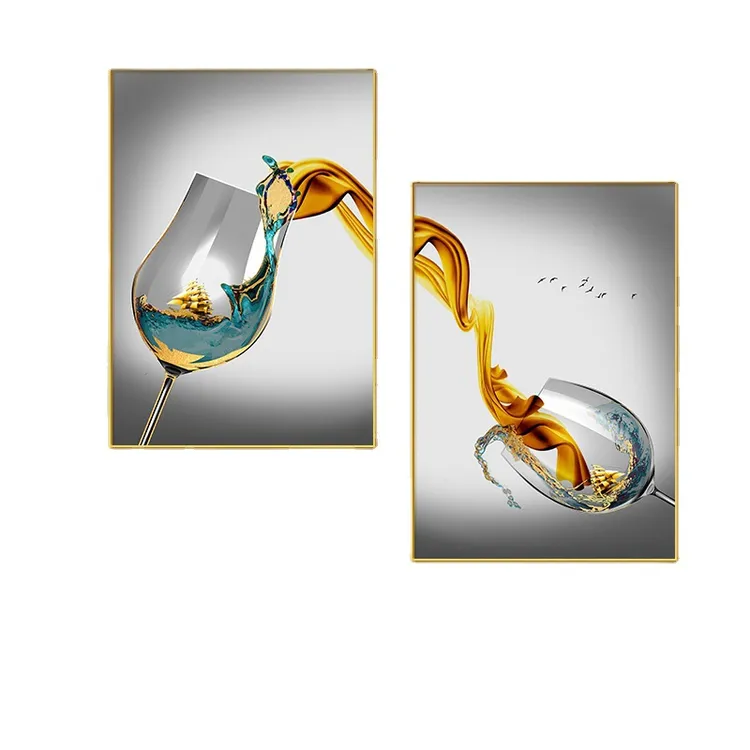 现代简约风酒杯饭厅装饰画餐桌歺厅墙面挂画抽象大气两联餐厅壁画