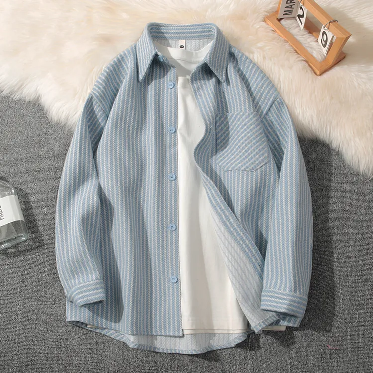 加厚条纹衬衫外套男士帅气潮流复古宽松百搭春秋港风长袖衬衣上衣
