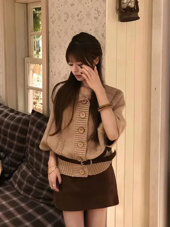 韩系温柔慵懒风小众高级感复古针织毛衣开衫外套+半裙两件套秋冬