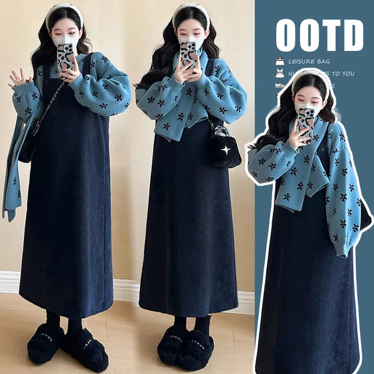 YNVO时尚~秋冬加绒加厚套装花朵毛衣围脖+灯芯绒加绒背带裙三件套