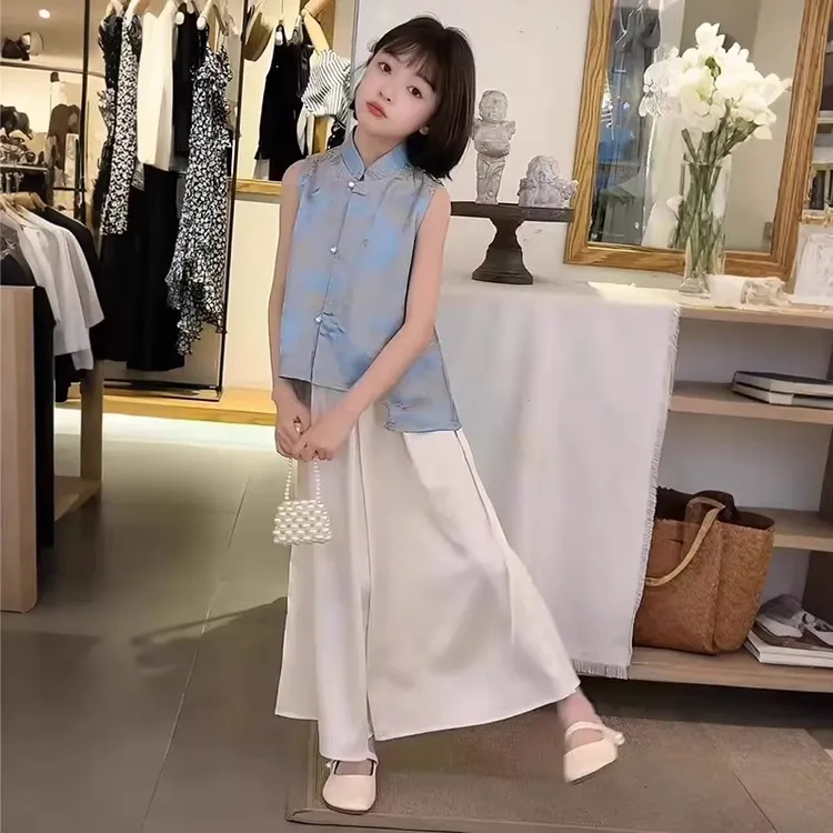 2025夏装中式女童儿童无袖套装中国国风夏季新款新中式两件套缎面