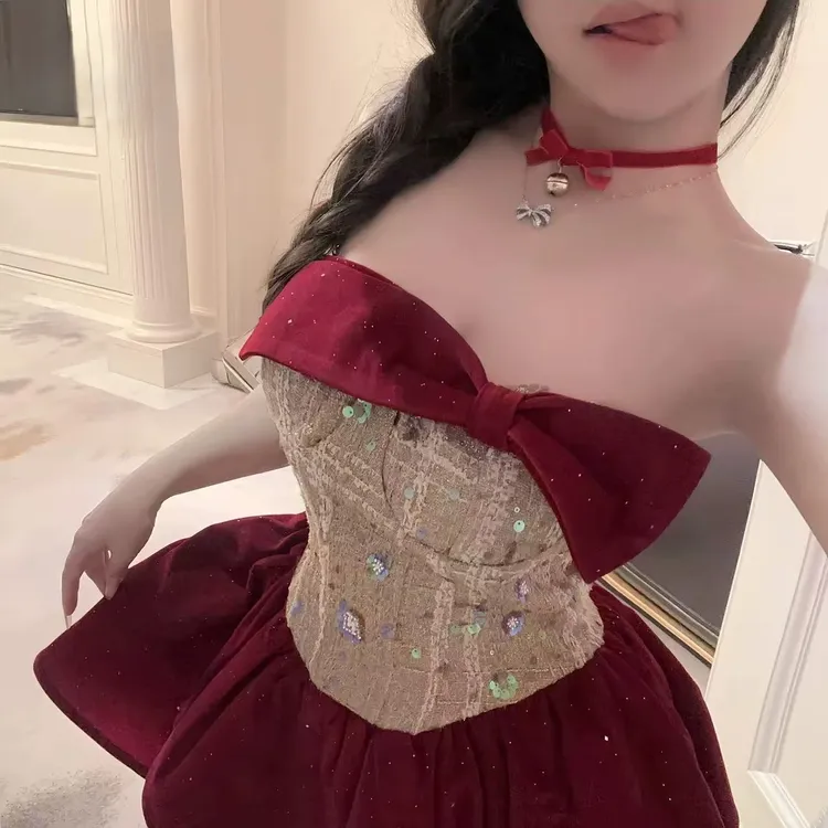 勃艮第小调*一字肩法式年会连衣裙女秋冬收腰性感红色蓬蓬裙短裙