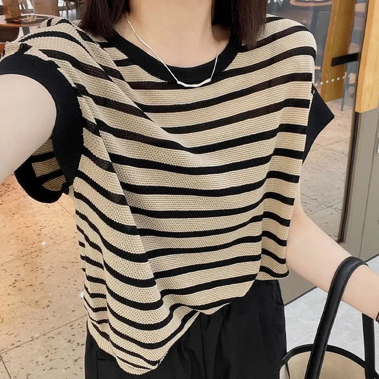 品牌折扣女装专柜撤柜正品圆领T恤女夏季新款条纹拼色针织衫上衣
