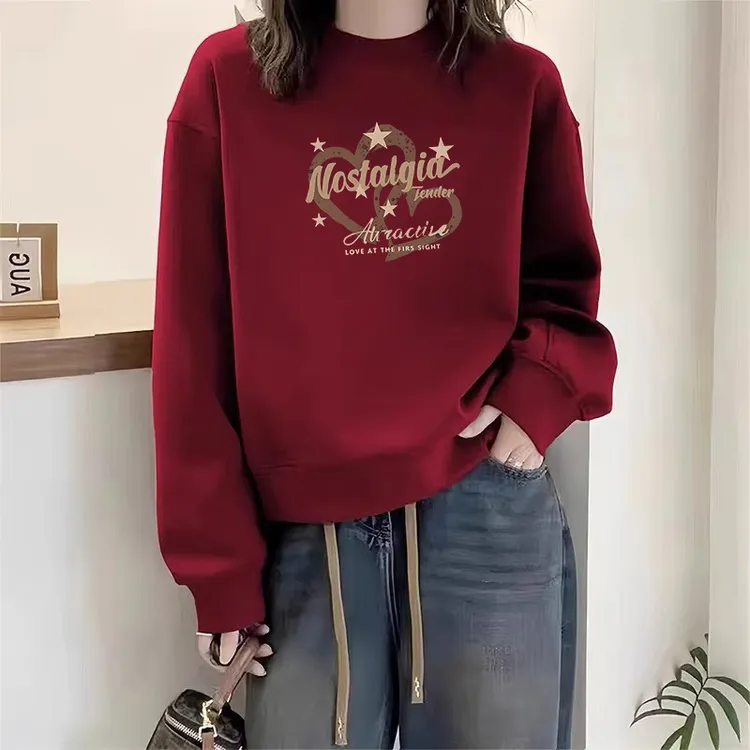 本命年酒红色圆领卫衣女秋冬爆款美式慵懒宽松休闲加绒加厚上衣潮