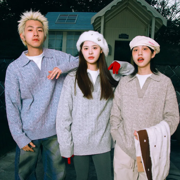 SOSTINE「假两件 麻花纹理」翻领套头长袖毛衣男女纯色休闲针织衫