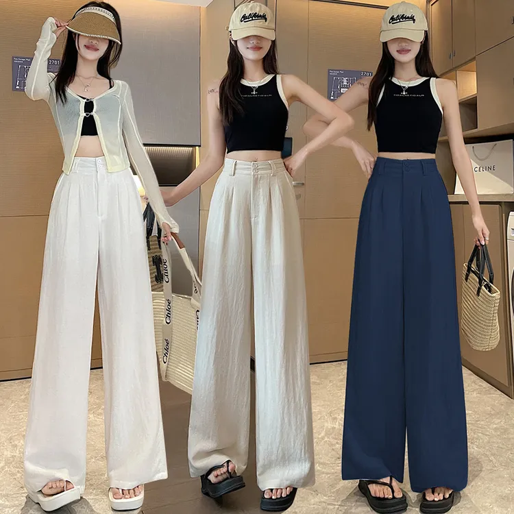 棉麻西装裤女2025夏季天丝亚麻阔腿裤直筒休闲松紧山本裤