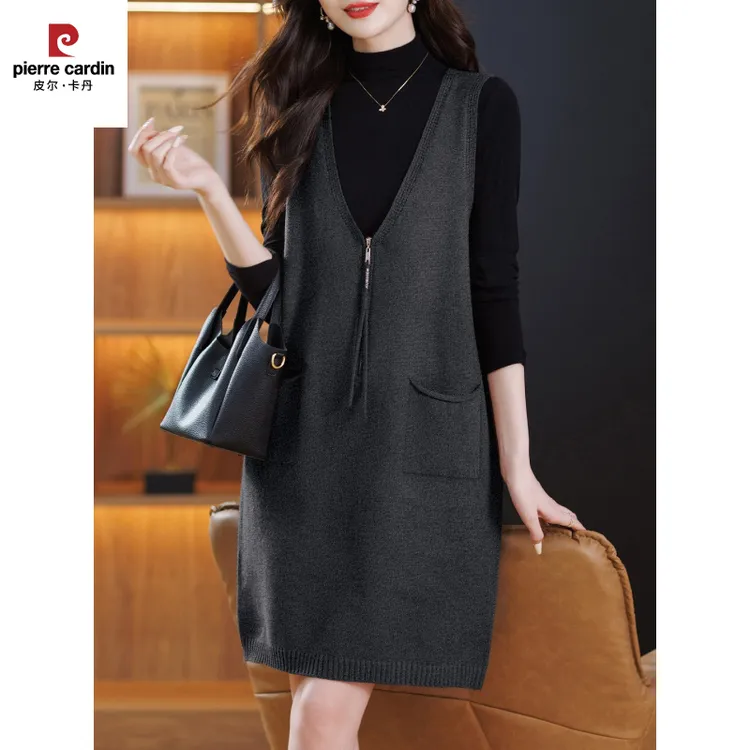 皮尔卡丹拉炼无袖马甲针织连衣裙背心女中长款口袋羊毛衫打底衫外