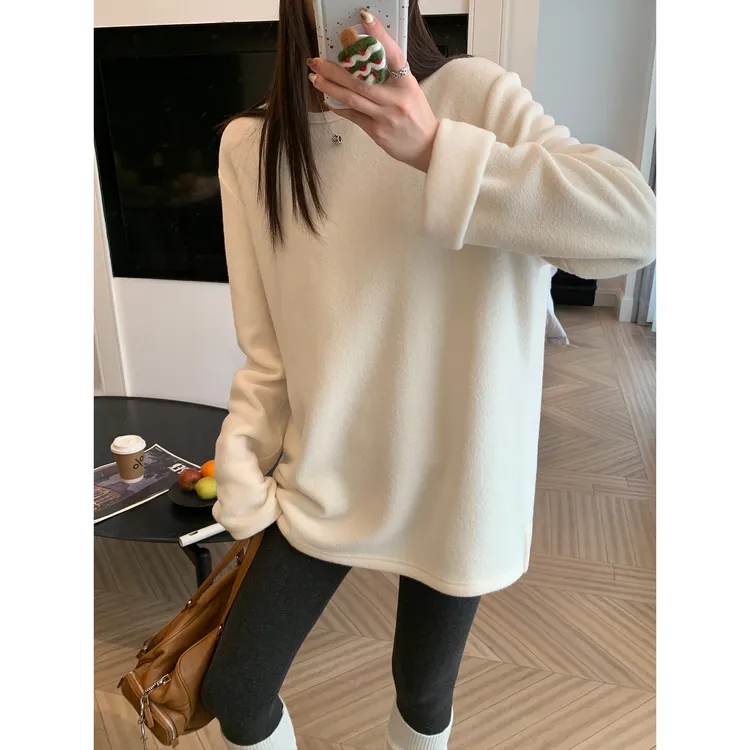 VUMP 舒适毛巾圈圈绒打底衫女秋冬季宽松白色内搭圆领长袖上衣暖