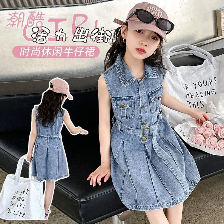 儿童连衣裙网红夏季中大童韩版女孩无袖大童牛仔连衣裙时尚洋气潮