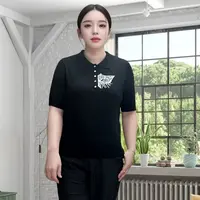 韩衣奇迹莱赛尔显瘦polo领小猫针织衫夏季薄款黑色短袖T恤上衣