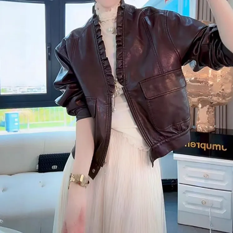 韩版显瘦短外套皮衣女秋季2025年新品时尚减龄百搭立领拉链棒球服