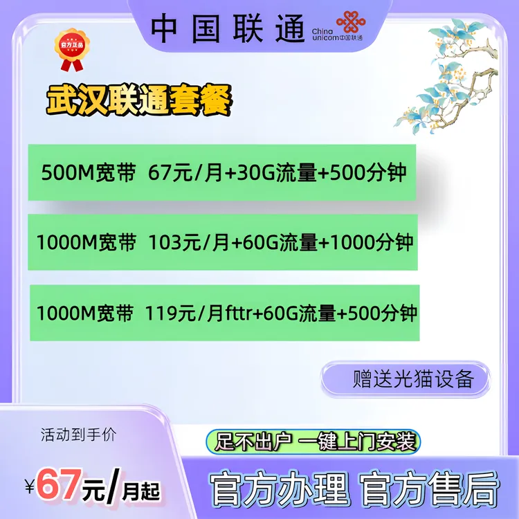 武汉联通67元月租500M-1000M宽带流量主副共享融合套餐上门安装