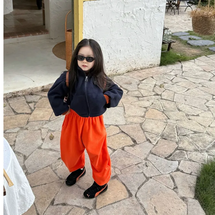 壹妈童装女童韩版秋冬季时尚百搭黑色拉链外套洋气时髦橙色卫裤
