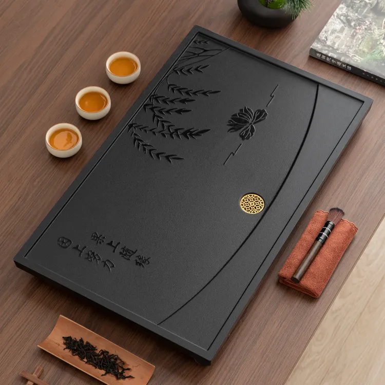 新中式仿乌金石长方形排水式湿泡茶盘茶室家用待客高档干泡盘茶具