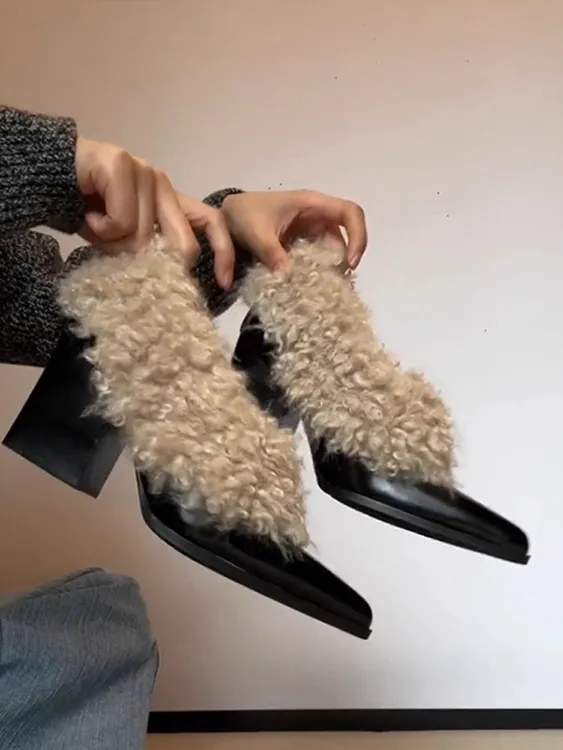 羊毛版~真皮复古尖头加绒一脚蹬单鞋女粗跟保暖毛毛鞋高跟小皮鞋