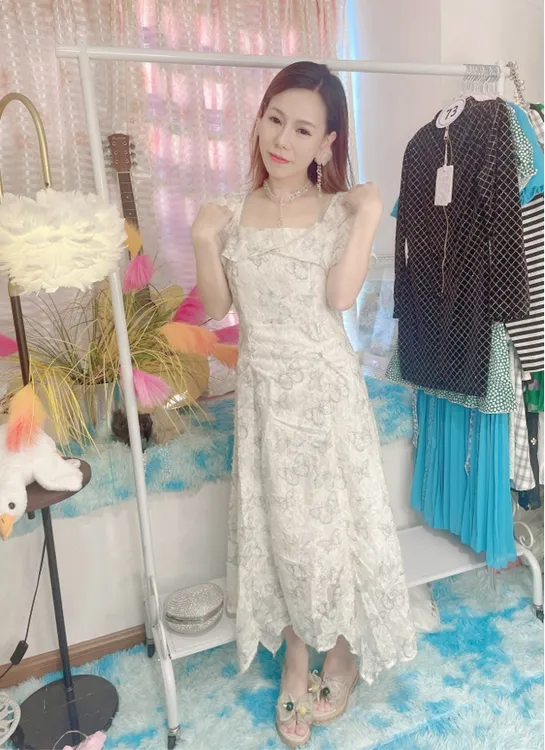 方领高腰大码连衣裙高弹力A字裙O型夏季法式中长裙