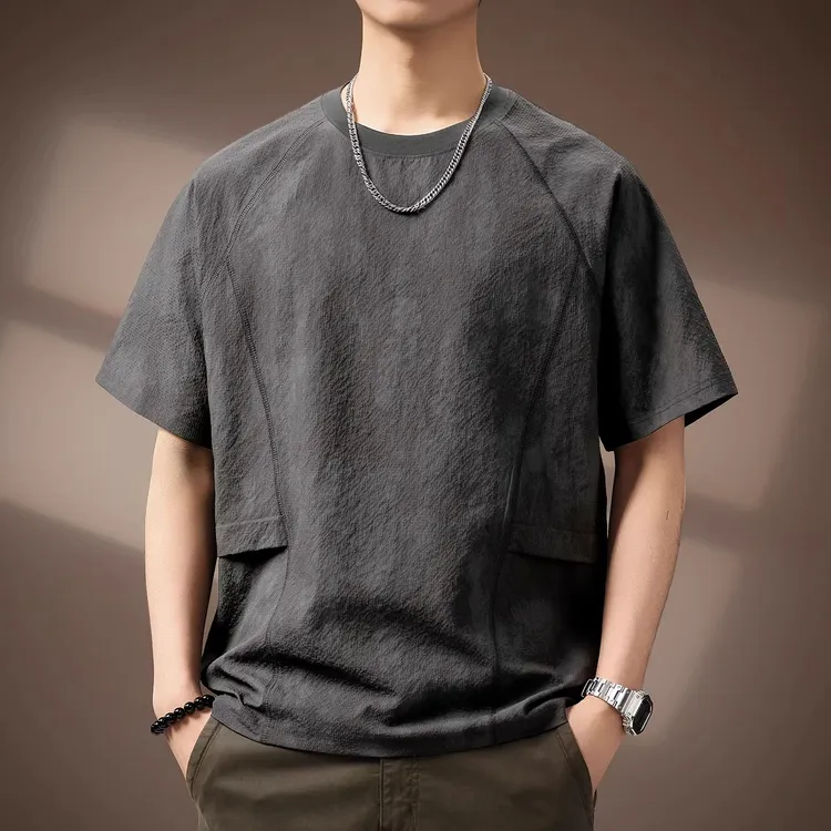 高端日系复古简约拼接泡泡纱短袖男士夏季潮牌宽松百搭休闲体恤衫