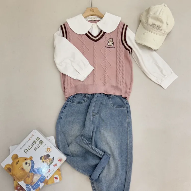 品牌直发！学院风假两件套百搭女童针织衫毛衣百搭潮流长袖衬衣