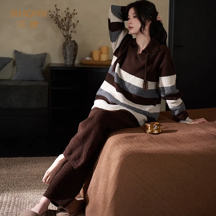 莎倩2025年秋冬季新款半边绒女士睡衣保暖加厚珊瑚绒可外穿家居服