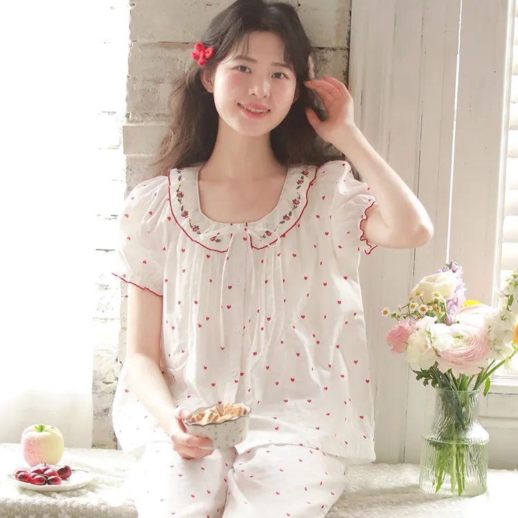 『爱心剪花』富朵夏季短袖月子服带胸垫纯棉薄款产后孕妇哺乳睡衣
