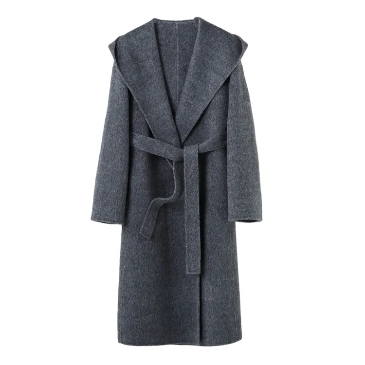 【25359】秋冬保暖休闲连帽长款时尚百搭女士简约大牌双面毛呢外套