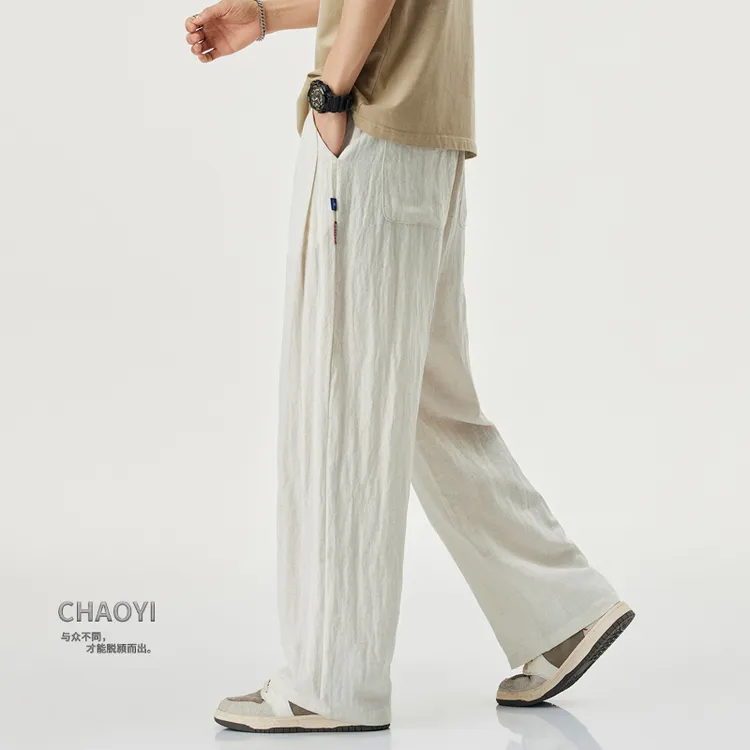 冰丝亚麻休闲裤男款夏季薄款宽松直筒垂感天丝阔腿裤男士新款长裤