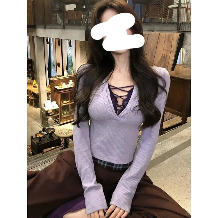 紫色短款性感V领打底针织衫女春季纯欲风内搭辣妹修身假两件上衣