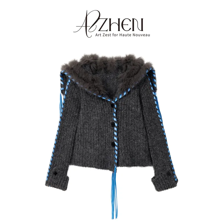 AZZHEN【时髦出圈】大翻领针织狐狸毛拼接外套AZ4KBW12-00