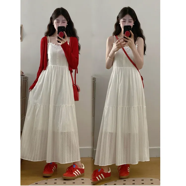 大码微胖mm欧若风穿搭法式掐腰吊带裙+开衫两件套