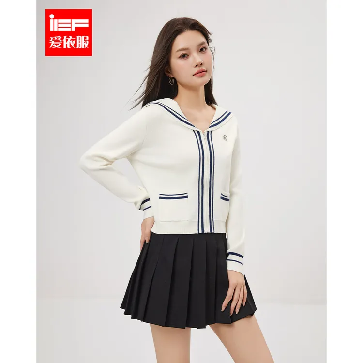 IEF/爱依服2025年春季新款时尚毛针织开衫女甜美风海军领毛织外套