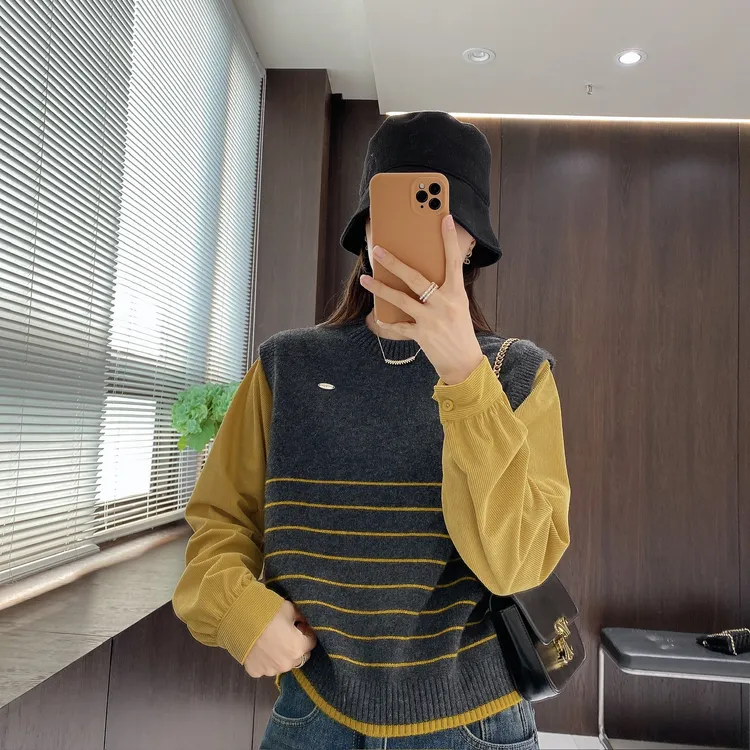 IMFLY金小金自制女装 假两件针织衫DYW10277秋冬马甲拼衬衫袖毛衣