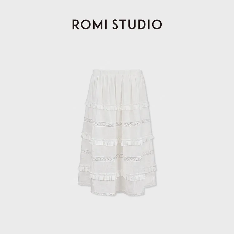 ROMI STUDIO100%亚麻法蕾手工压褶双层拼接花边半身裙 RWDRXY3536