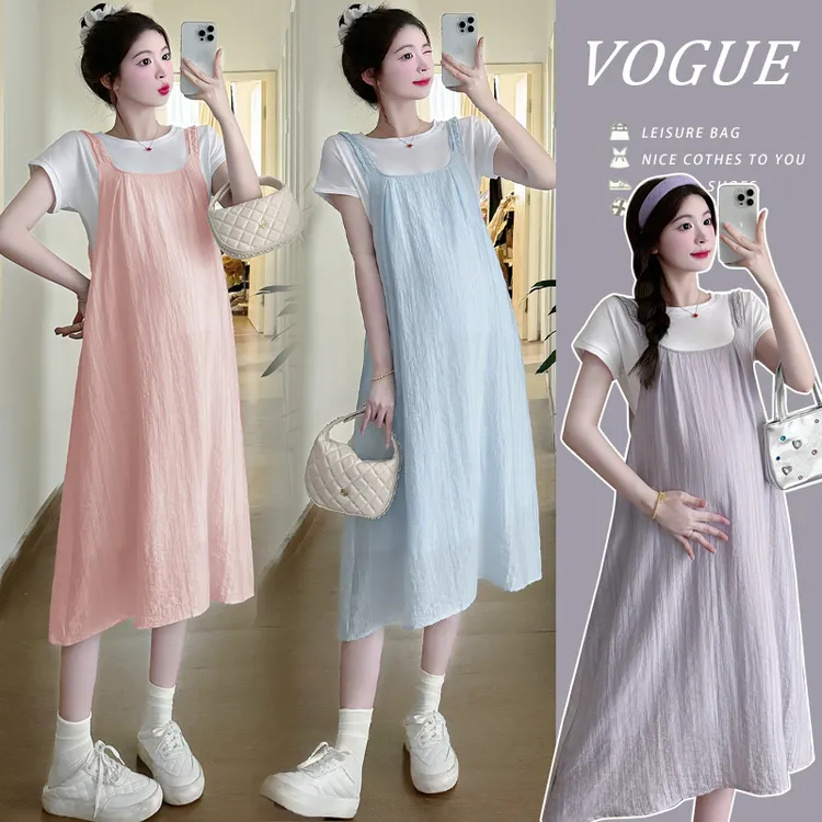 孕妇连衣裙网红时尚洋气时髦紫色中长款背带裙两件套2025新款夏女