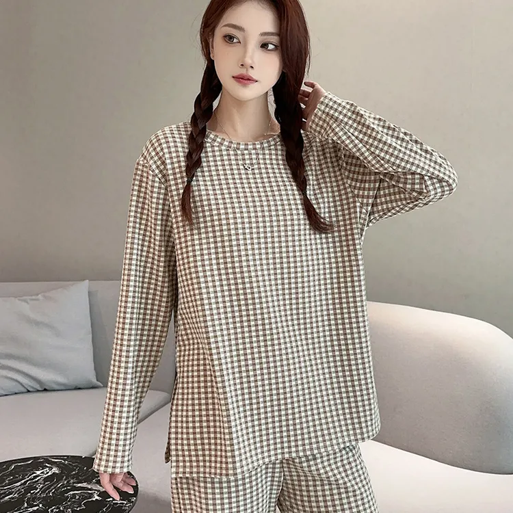 秋冬季女士格子睡衣单件春秋款宽松大码家居服休闲长袖上衣可外穿