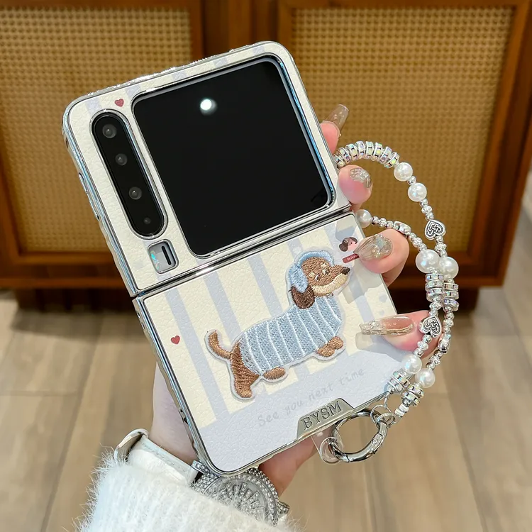 适用华为purax手机壳秋冬电镀条纹腊肠狗刺绣pocket2折叠女保护套