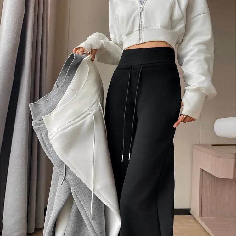 加绒灰色微喇阔腿裤女秋冬小个子休闲宽松直筒裤美式抽绳运动卫裤