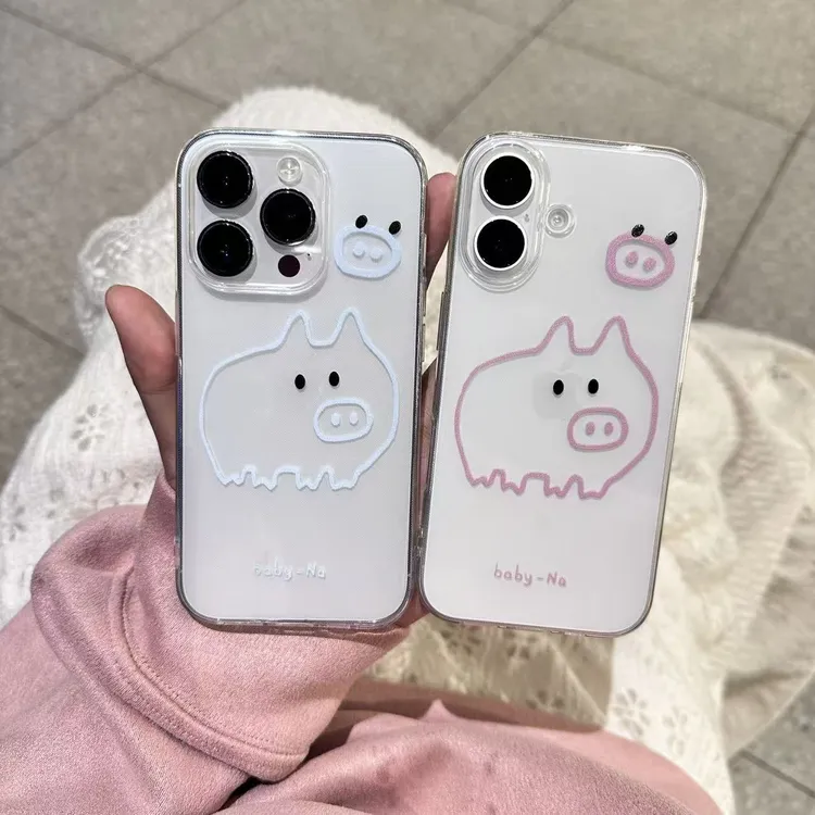 ins可爱粉猪猪适用苹果17pro小米oppovivo情侣手机壳华为iPhone16