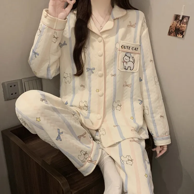 韩系卡通保暖夹层可爱睡衣女秋冬加厚长袖空气夹层外穿家居服套装