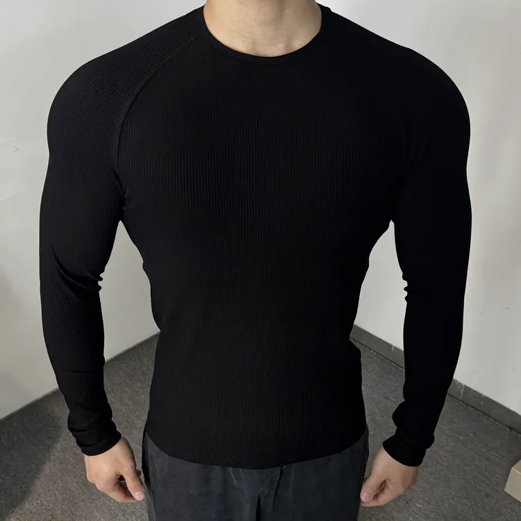 EntryLev罗纹坑条肌理健身长袖显大弹力修身男子秋冬季训练上衣